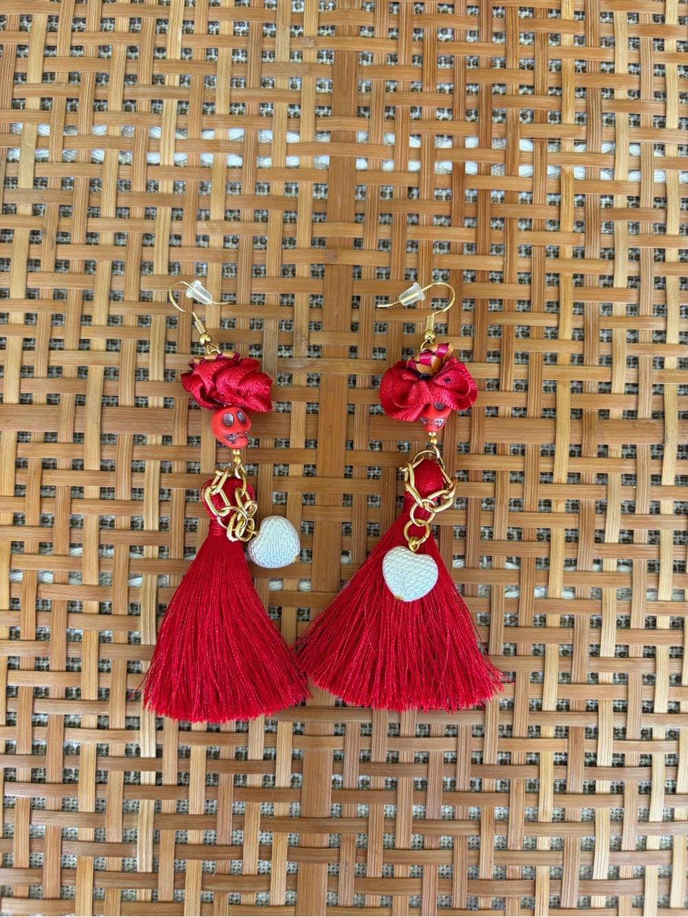 Mexican Catrina Dia de Los Muertos/Day of the Dead Earrings - Red/White/Gold
